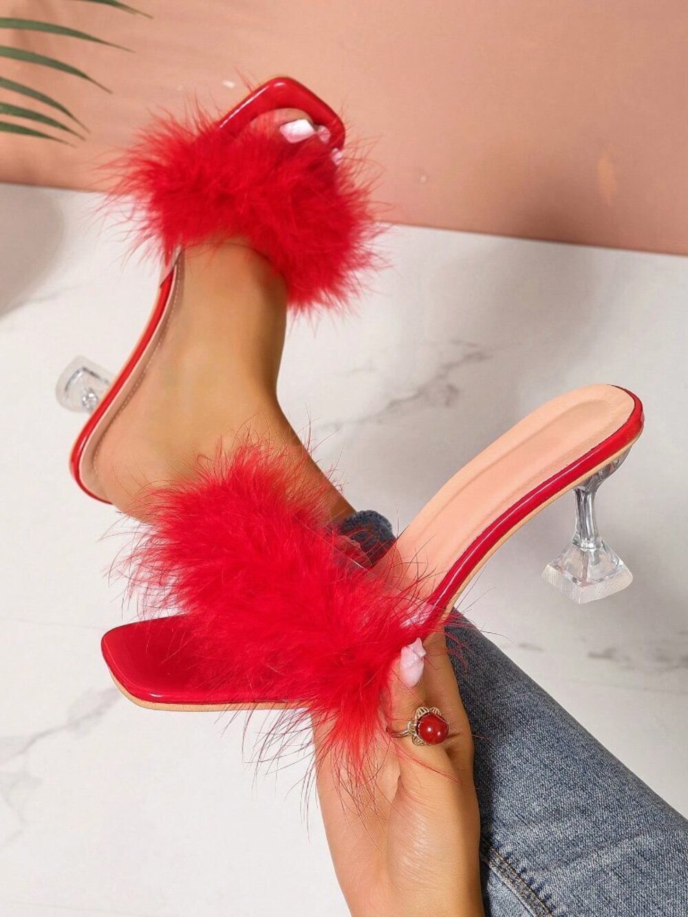 Red Funky Women's Mule Sandals Open Toe Slip-On Fluffy Faux Fur Chunky Heel